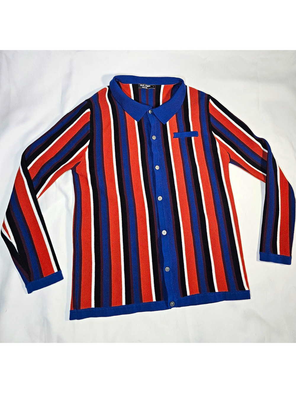 Paul Jones Men’s Striped Knit Button-Up Shirt Point Collar Long Sleeve L